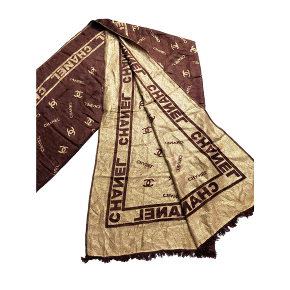 CHANEL Brown & Gold 100% Silk Reversible Shawl Wrap Scarf - Picture 4 of 16
